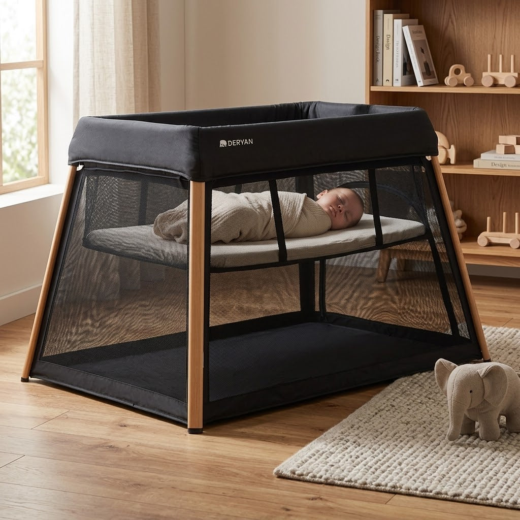 2-in-1 Travel Cot and Playpen - Includes a floor riser - Wood-look