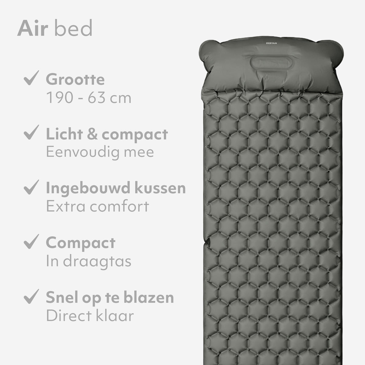 DERYAN Bed - Camping Air Mattress - Includes Carry Bag - Gray
