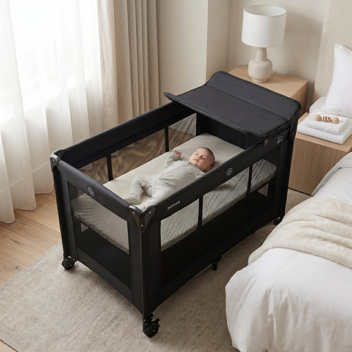 Luxury Camping Bed with Changing Table and Floor Riser - Black