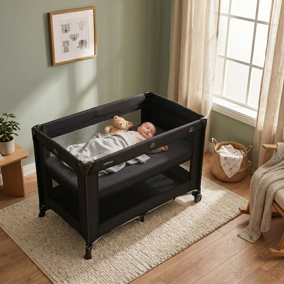 Luxury Camping Bed with Changing Table and Floor Riser - Black