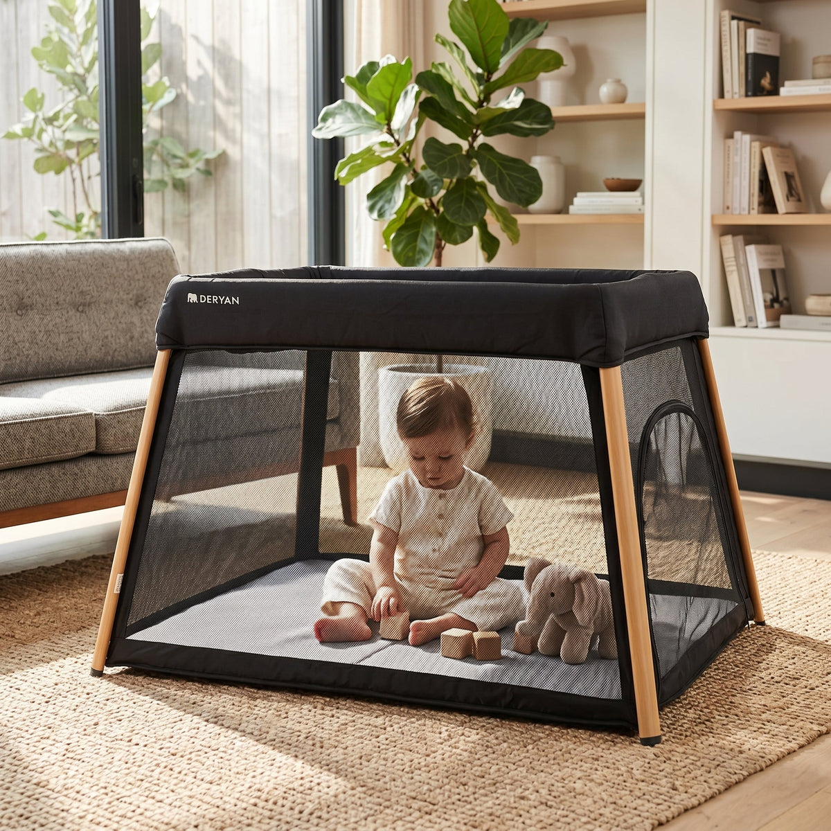 2-in-1 Travel Cot and Playpen - Includes a floor riser - Wood-look