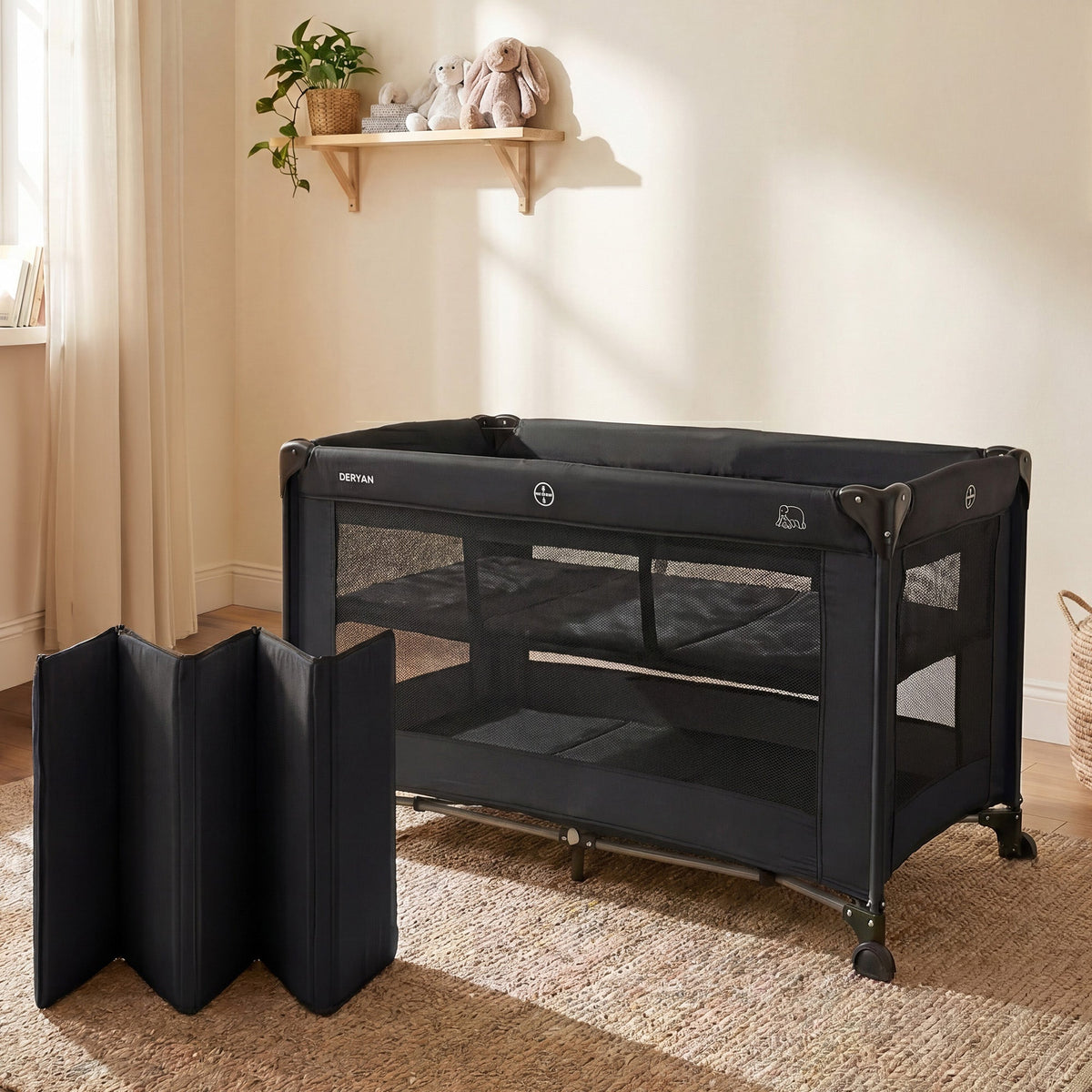 Luxury Camping Bed with Changing Table and Floor Riser - Black