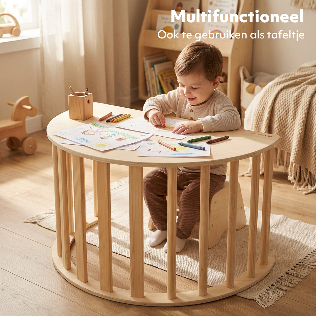 5-in-1 Multifunctional Climbing Arch with Cushion and Drawing Table - Wood