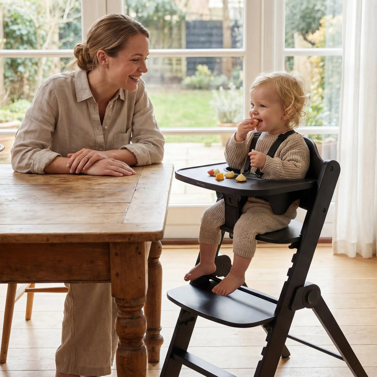 Odin Wooden Adjustable High Chair with Bouncer and Tray - Nougat